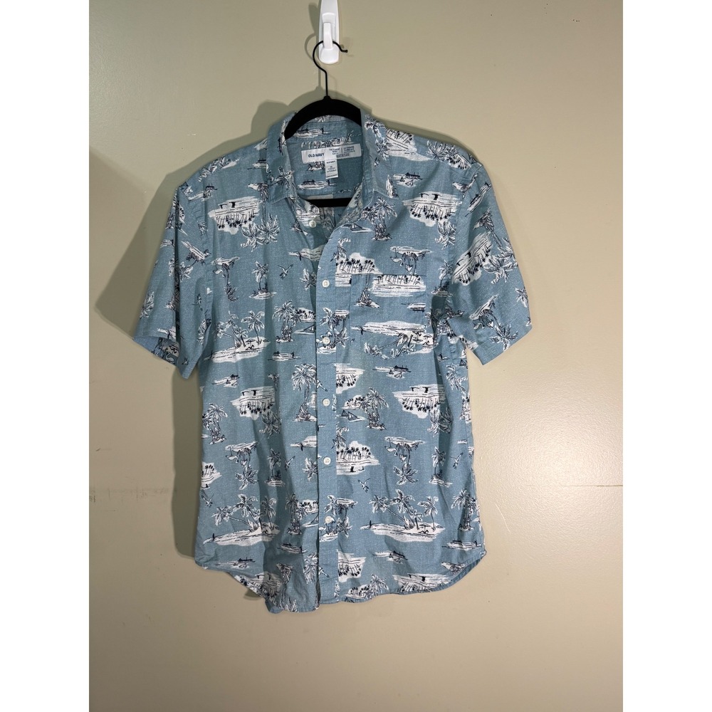 Old Navy Mens Slim Fit Tropical Island Palm Tree Print Short Sleeve Shirt Blue M